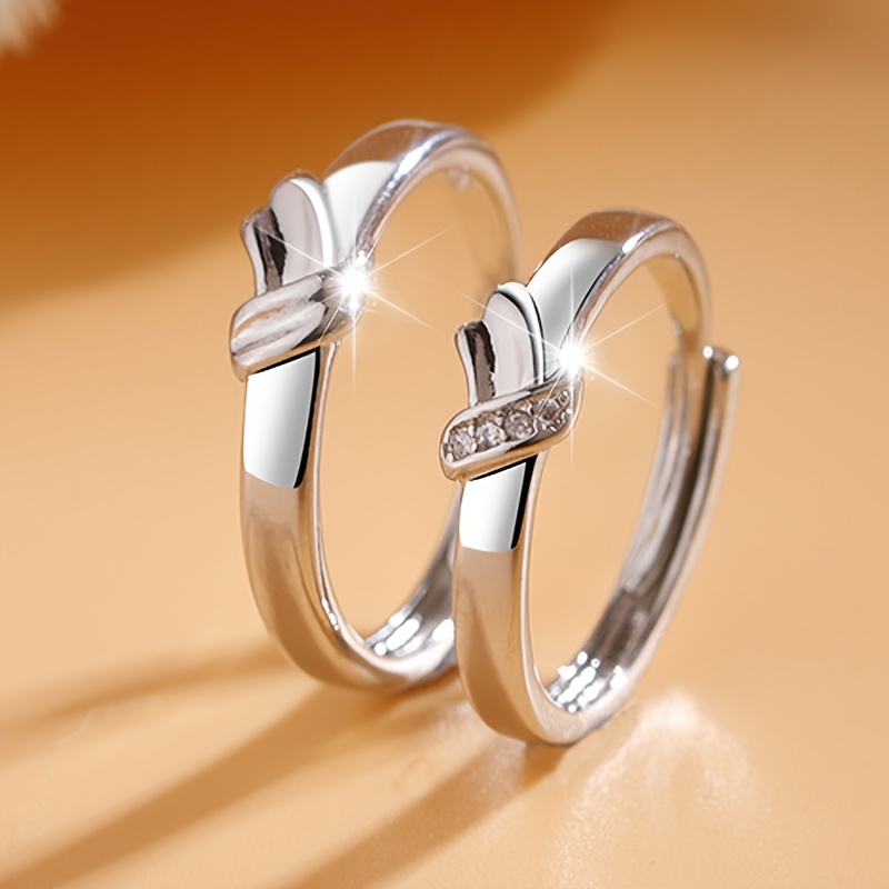 2pc Women's Heart Bow Couple's Rings, Romantic Gift Set